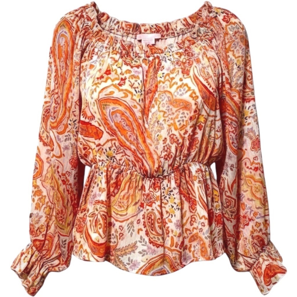 Pink Lily Off the Path Peplum Blouse Orange Paisley Long Sleeve Womens Medium